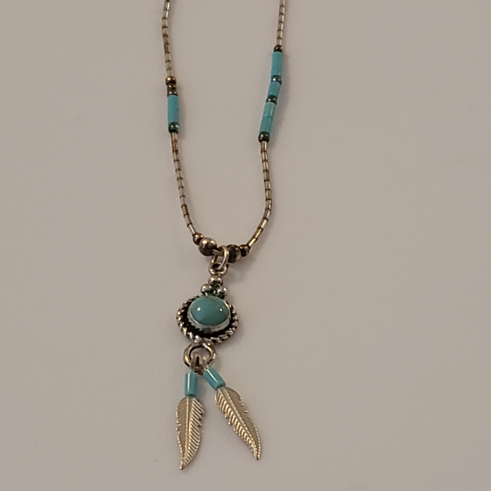 Vintage Navajo Feather Sterling Liquid Silver Turquoise Necklace Native American